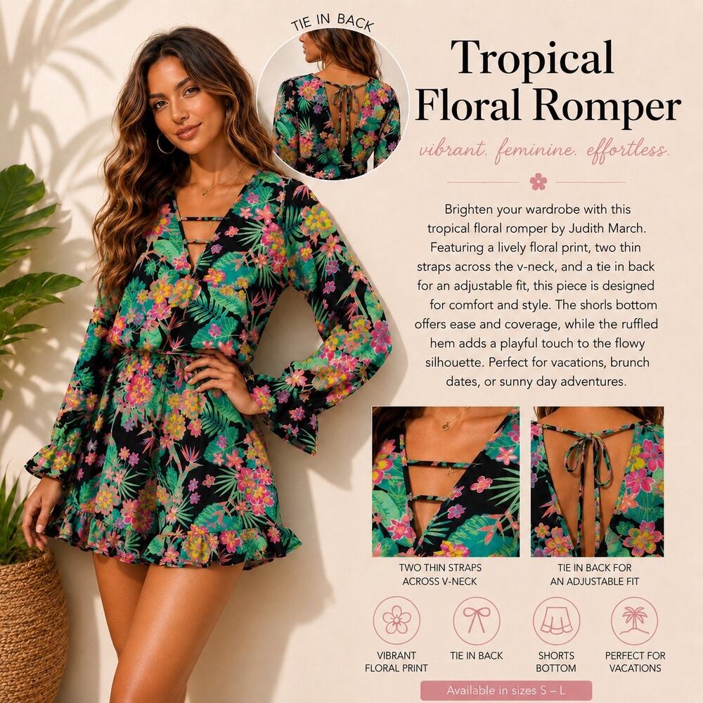 Judith March Tropical Floral Romper Shorts Women’s Size S Boho Resort Vacation